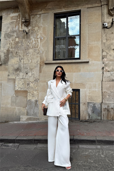 TASARIM ETİKET DETAYLI CEKET - PANTOLON TAKIM - Beyaz