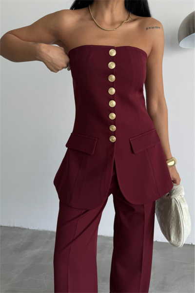 TASARIM GOLD DÜĞMELİ STRAPLEZYELEK - Bordo