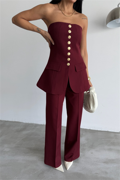 TASARIM GOLD DÜĞMELİ STRAPLEZYELEK - Bordo