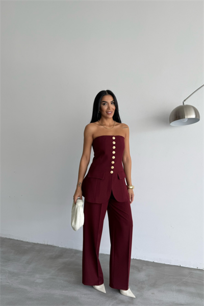 TASARIM GOLD DÜĞMELİ STRAPLEZYELEK - Bordo