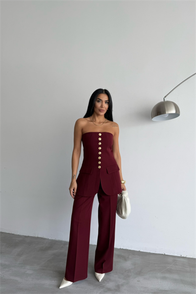 TASARIM GOLD DÜĞMELİ STRAPLEZYELEK - Bordo