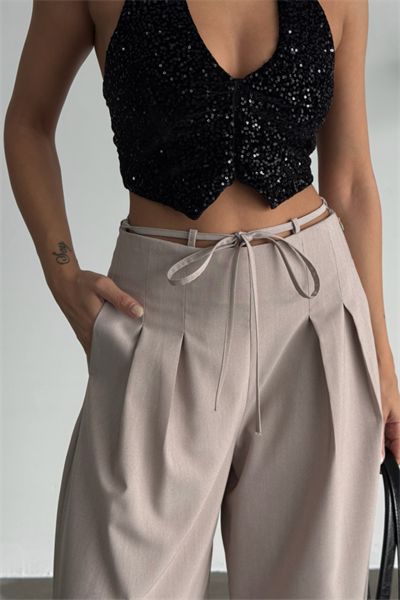 TASARIM SALAŞ  PANTOLON BEL İP DETAYLI - Bej