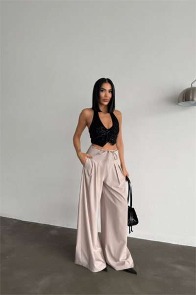 TASARIM SALAŞ  PANTOLON BEL İP DETAYLI - Bej