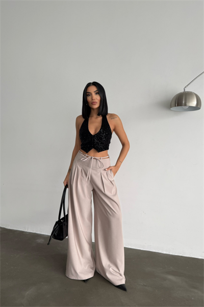 TASARIM SALAŞ  PANTOLON BEL İP DETAYLI - Bej