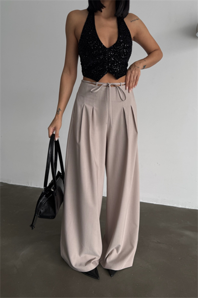 TASARIM SALAŞ  PANTOLON BEL İP DETAYLI - Bej