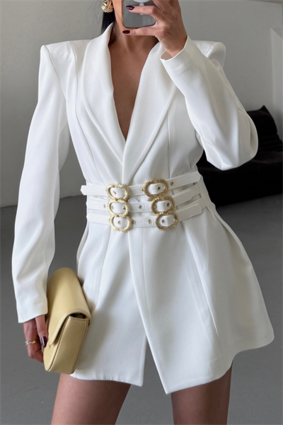 TEK DÜĞME CEKET 3 TOKALI KEMER SÜSLÜ - Beyaz