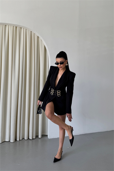 TEK DÜĞME CEKET 3 TOKALI KEMER SÜSLÜ - Siyah