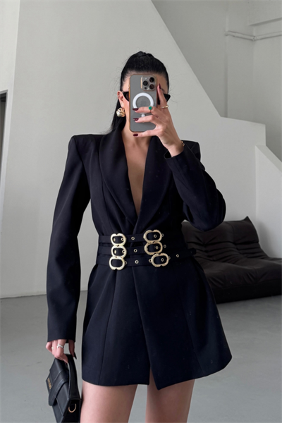 TEK DÜĞME CEKET 3 TOKALI KEMER SÜSLÜ - Siyah