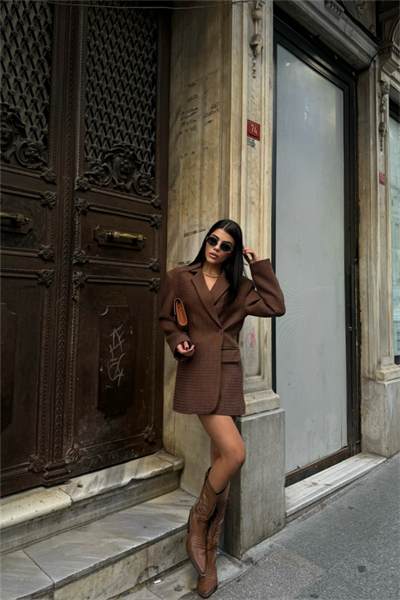 TEK DÜĞME CEKET ŞANEL KUMAŞ - Kahverengi