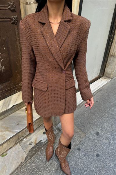 TEK DÜĞME CEKET ŞANEL KUMAŞ - Kahverengi