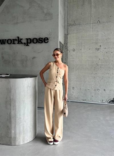 TEK KOL YELEK - PANTOLON TAKIM ATLAS - Bej