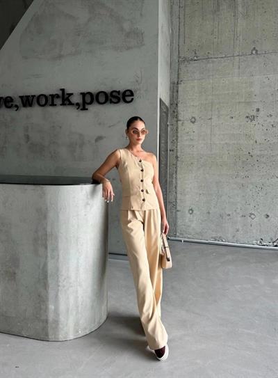 TEK KOL YELEK - PANTOLON TAKIM ATLAS - Bej