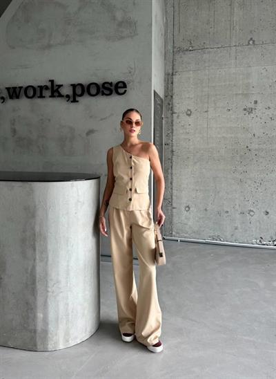 TEK KOL YELEK - PANTOLON TAKIM ATLAS - Bej