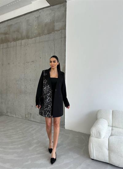 TEK TARAFI VARAK CEKET - KISA ELBİSE TAKIM - Siyah