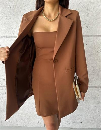 TEK TARAFI VARAK CEKET - KISA ELBİSE TAKIM - Kahverengi