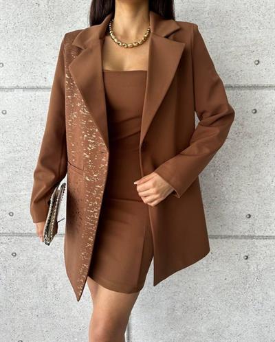 TEK TARAFI VARAK CEKET - KISA ELBİSE TAKIM - Kahverengi