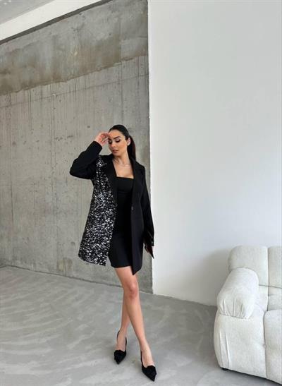 TEK TARAFI VARAK CEKET - KISA ELBİSE TAKIM - Siyah