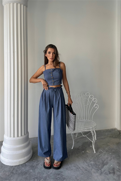 TENCEL CROP ASKILI BLUZ - ŞALVAR PANTOLON TK - İndigo