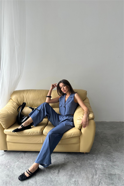 TENCEL CROP KOLSUZ GÖMLEK - PANTOLON TAKIM - İndigo