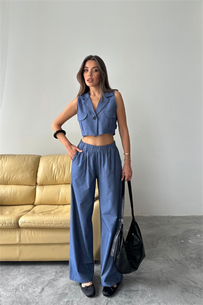 TENCEL CROP KOLSUZ GÖMLEK - PANTOLON TAKIM - İndigo