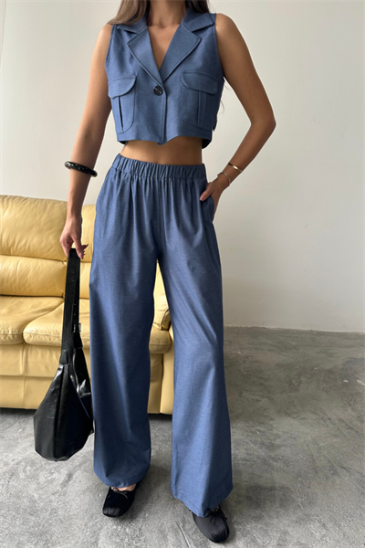 TENCEL CROP KOLSUZ GÖMLEK - PANTOLON TAKIM - İndigo