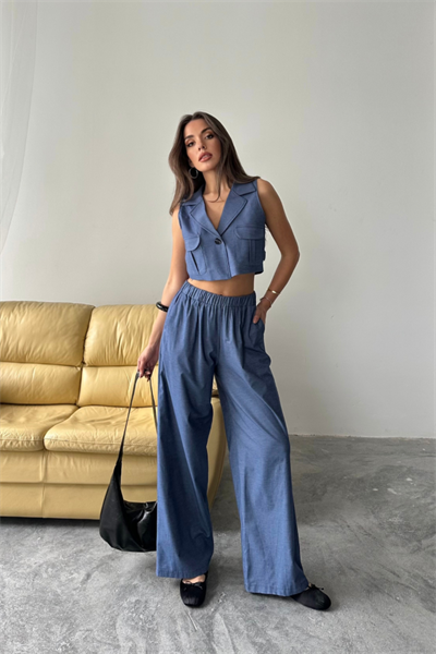 TENCEL CROP KOLSUZ GÖMLEK - PANTOLON TAKIM - İndigo