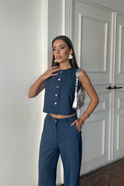 TENCEL KOLSUZ GÖMLEK - PANTOLON TAKIM - İndigo