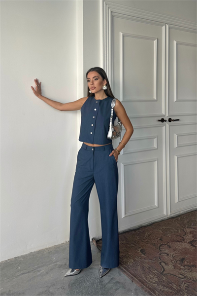 TENCEL KOLSUZ GÖMLEK - PANTOLON TAKIM - İndigo