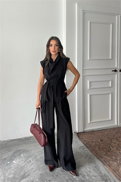 TENCEL MODAL KOLSUZ BLUZ KAPALI CEP DETAYLI DÖKÜMLÜ - PANTOLON TAKIM - Siyah