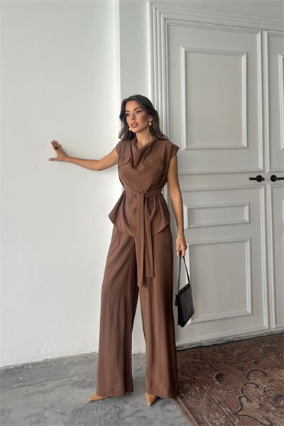 TENCEL MODAL KOLSUZ BLUZ KAPALI CEP DETAYLI DÖKÜMLÜ - PANTOLON TAKIM - Kahverengi