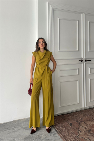TENCEL MODAL KOLSUZ BLUZ KAPALI CEP DETAYLI DÖKÜMLÜ - PANTOLON TAKIM - Yağ Yeşili