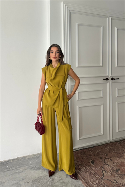 TENCEL MODAL KOLSUZ BLUZ KAPALI CEP DETAYLI DÖKÜMLÜ - PANTOLON TAKIM - Yağ Yeşili