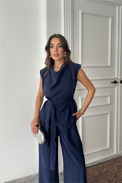 TENCEL MODAL KOLSUZ BLUZ KAPALI CEP DETAYLI DÖKÜMLÜ - PANTOLON TAKIM - Lacivert