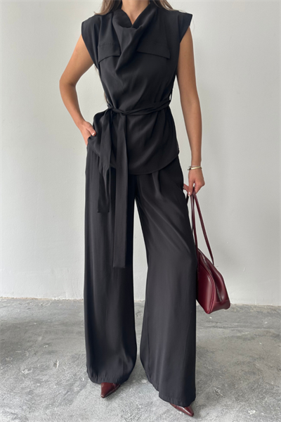 TENCEL MODAL KOLSUZ BLUZ KAPALI CEP DETAYLI DÖKÜMLÜ - PANTOLON TAKIM - Siyah