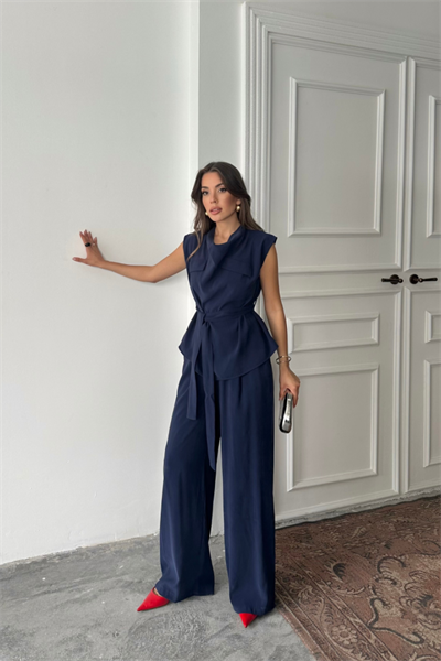 TENCEL MODAL KOLSUZ BLUZ KAPALI CEP DETAYLI DÖKÜMLÜ - PANTOLON TAKIM - Lacivert