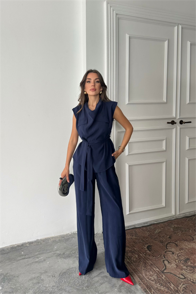 TENCEL MODAL KOLSUZ BLUZ KAPALI CEP DETAYLI DÖKÜMLÜ - PANTOLON TAKIM - Lacivert