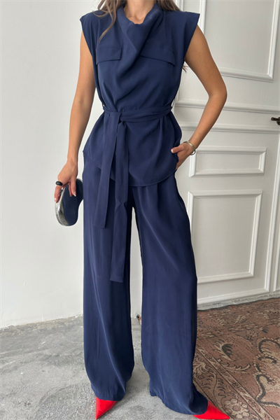 TENCEL MODAL KOLSUZ BLUZ KAPALI CEP DETAYLI DÖKÜMLÜ - PANTOLON TAKIM - Lacivert