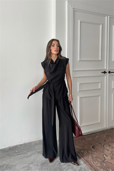 TENCEL MODAL KOLSUZ BLUZ KAPALI CEP DETAYLI DÖKÜMLÜ - PANTOLON TAKIM - Siyah