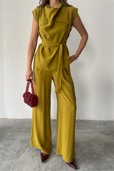 TENCEL MODAL KOLSUZ BLUZ KAPALI CEP DETAYLI DÖKÜMLÜ - PANTOLON TAKIM - Yağ Yeşili