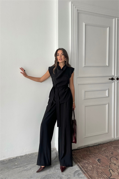 TENCEL MODAL KOLSUZ BLUZ KAPALI CEP DETAYLI DÖKÜMLÜ - PANTOLON TAKIM - Siyah