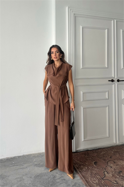 TENCEL MODAL KOLSUZ BLUZ KAPALI CEP DETAYLI DÖKÜMLÜ - PANTOLON TAKIM - Kahverengi