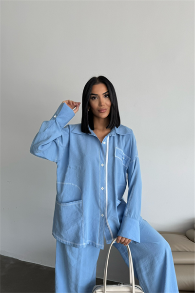TENCEL TASARIM GÖMLEK-PANTOLON TAKIM - Mavi