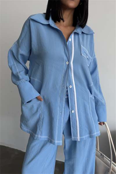 TENCEL TASARIM GÖMLEK-PANTOLON TAKIM - Mavi