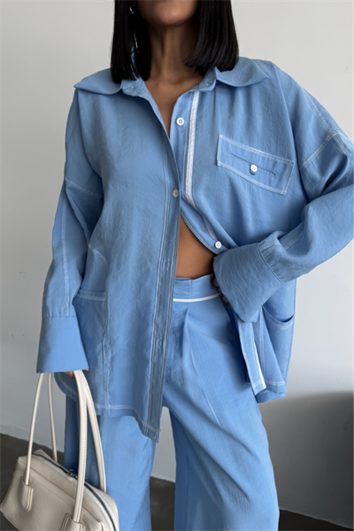 TENCEL TASARIM GÖMLEK-PANTOLON TAKIM - Mavi