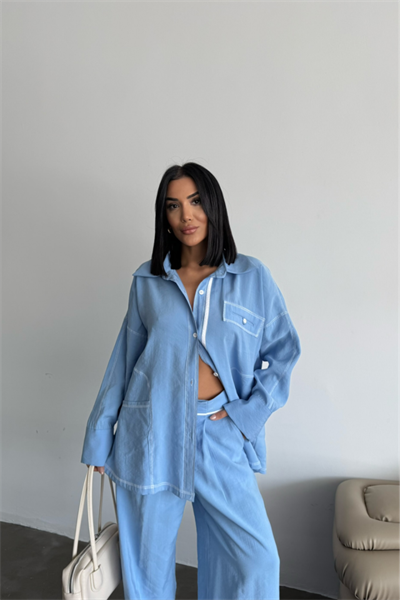 TENCEL TASARIM GÖMLEK-PANTOLON TAKIM - Mavi