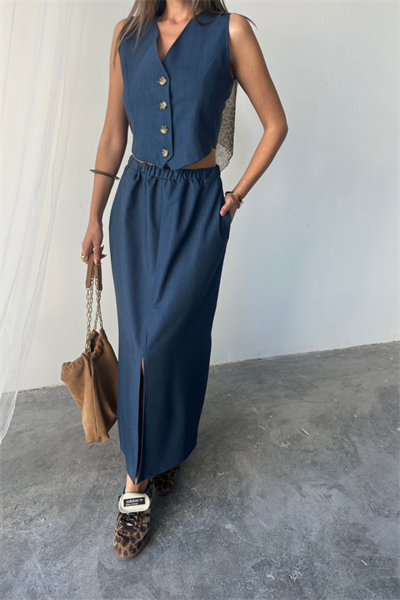 TENCEL YELEK - YIRTMAÇLI ETEK TAKIM - İndigo