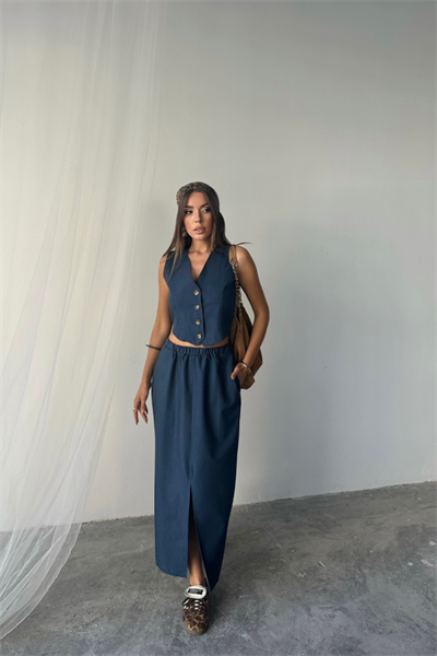 TENCEL YELEK - YIRTMAÇLI ETEK TAKIM - İndigo