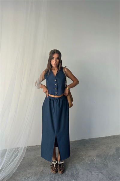 TENCEL YELEK - YIRTMAÇLI ETEK TAKIM - İndigo