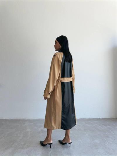 TRENCH BOYUNA DERİ PARÇALI - Bej