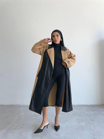 TRENCH BOYUNA DERİ PARÇALI - Bej